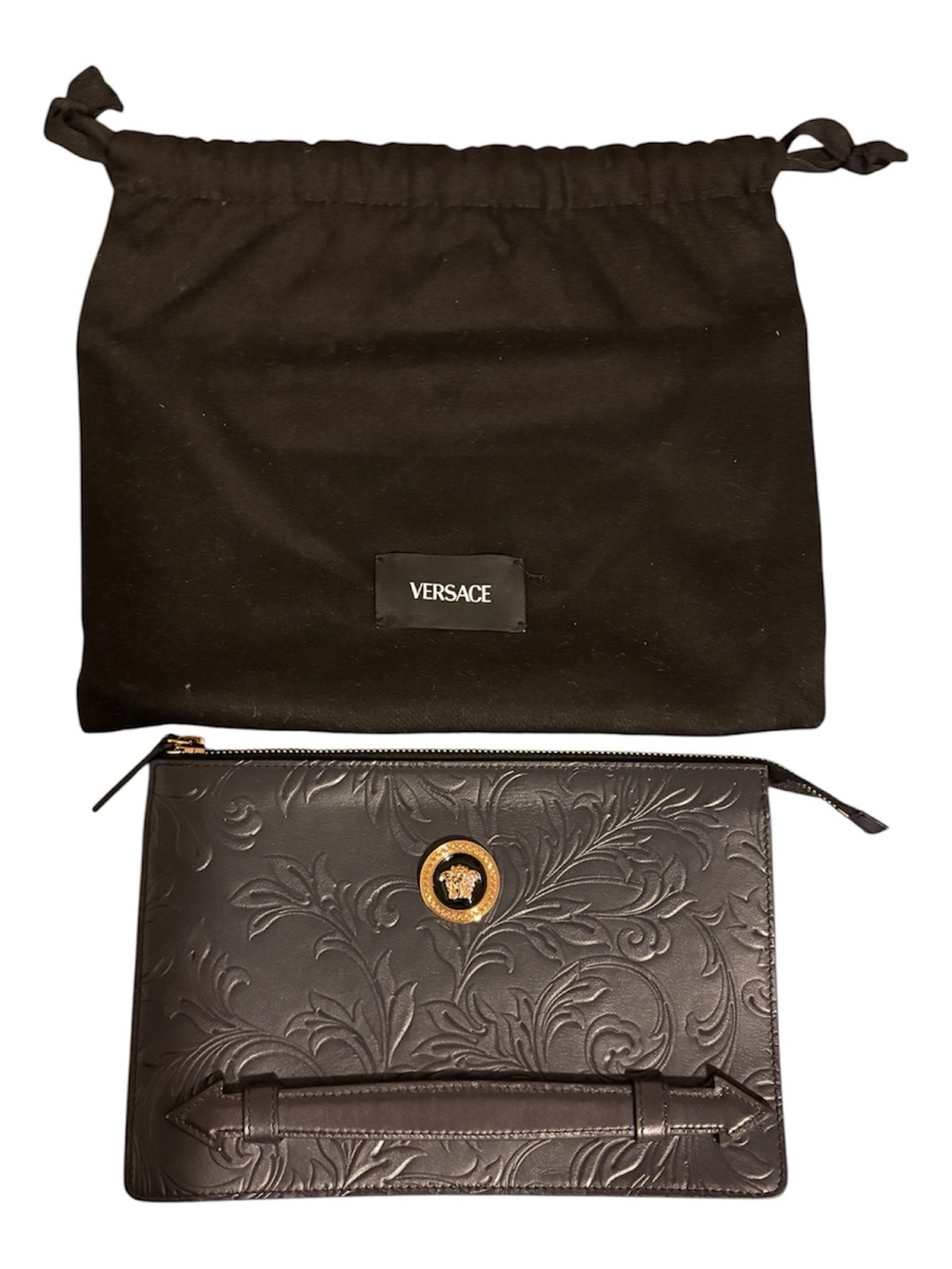 Authentic Versace Navy Blue Barocco Embossed Cluth bag